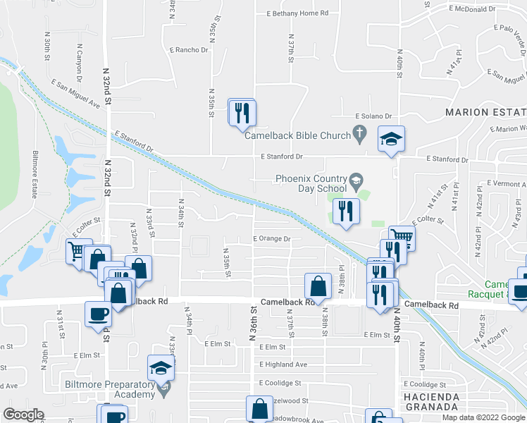 map of restaurants, bars, coffee shops, grocery stores, and more near 5213 North 36th Street in Phoenix