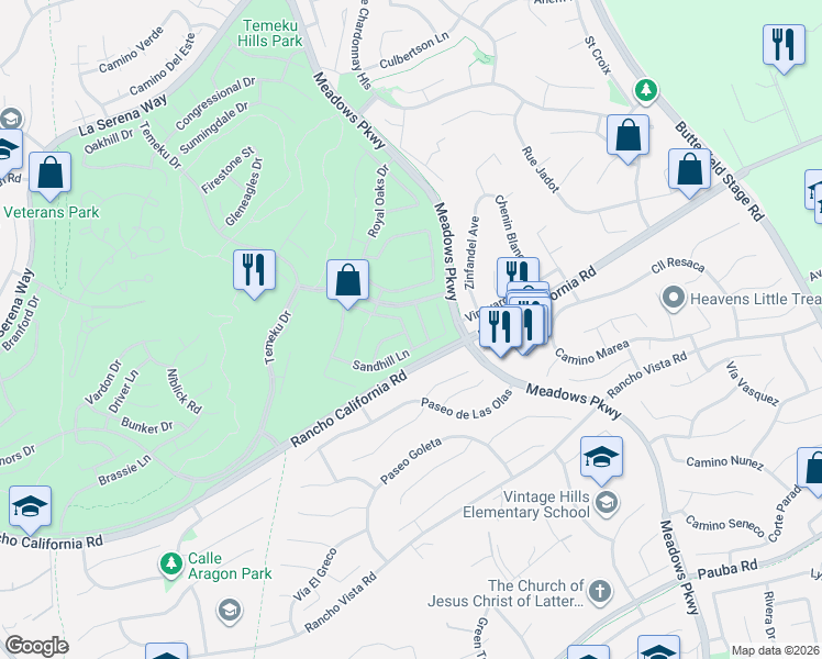 map of restaurants, bars, coffee shops, grocery stores, and more near 42065 Pine Needle Street in Temecula