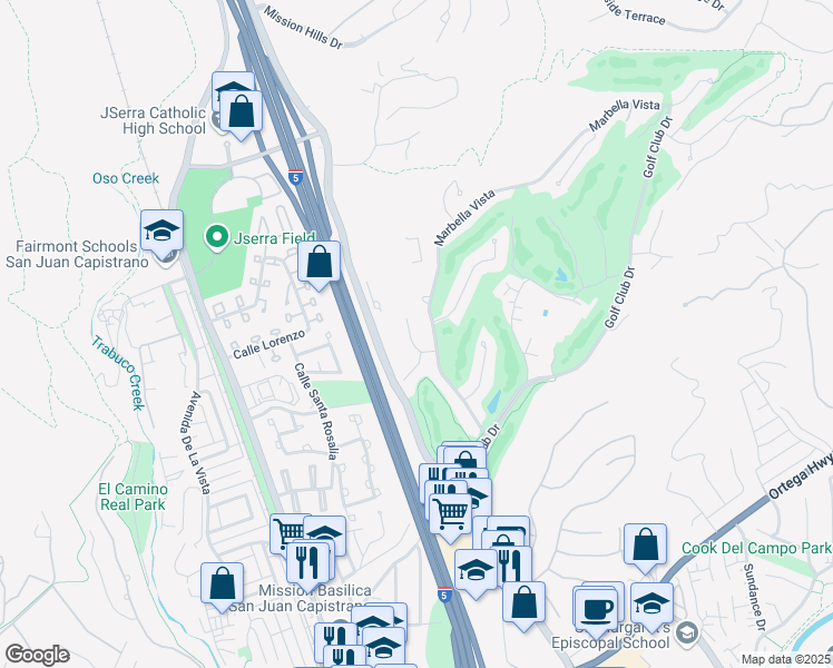 map of restaurants, bars, coffee shops, grocery stores, and more near 30892 Via Ultimo in San Juan Capistrano
