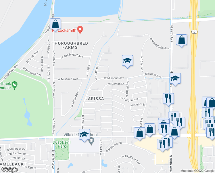 map of restaurants, bars, coffee shops, grocery stores, and more near 10311 West Denton Lane in Glendale