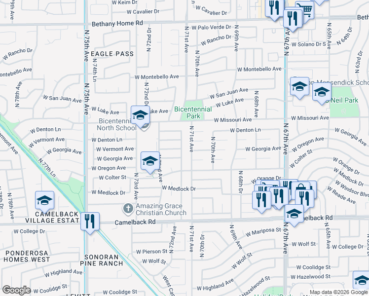 map of restaurants, bars, coffee shops, grocery stores, and more near 5403 North 71st Drive in Glendale