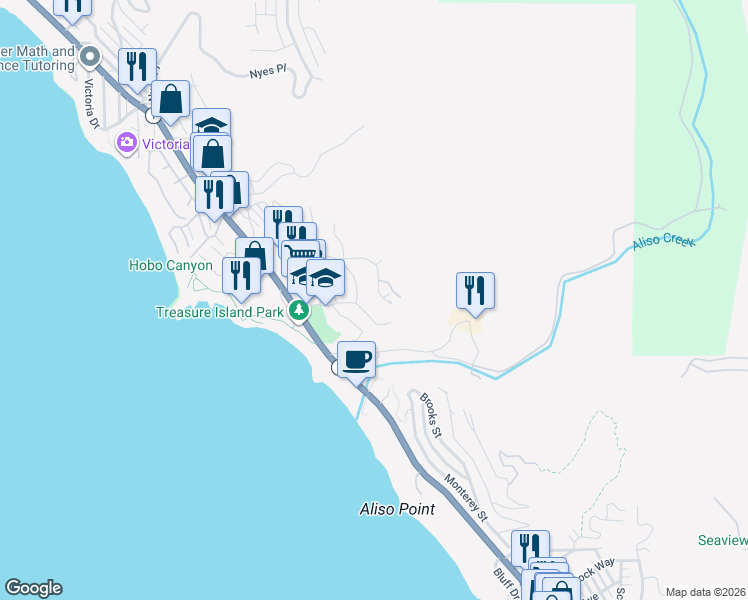 map of restaurants, bars, coffee shops, grocery stores, and more near 21702 Ocean Vista Drive in Laguna Beach