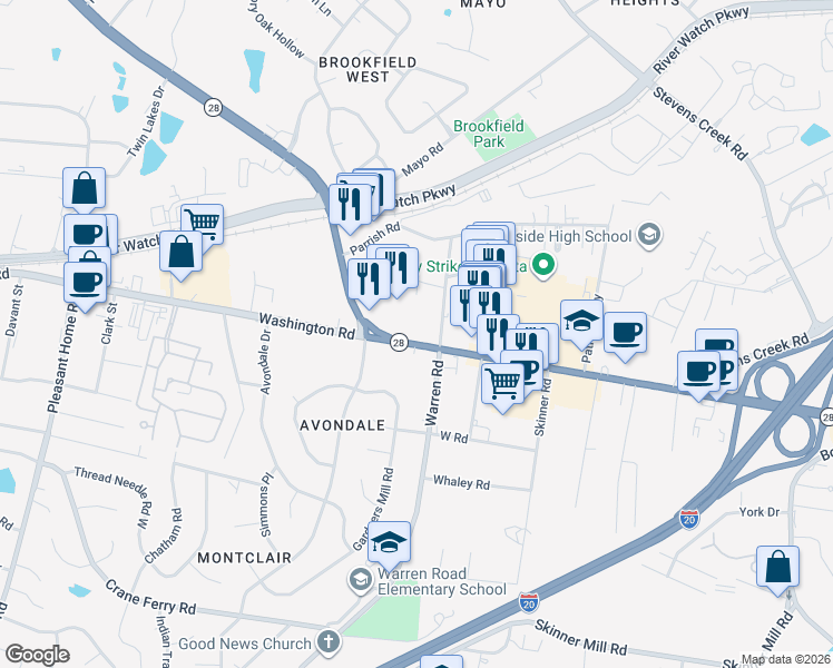 map of restaurants, bars, coffee shops, grocery stores, and more near 3131 Washington Road in Augusta
