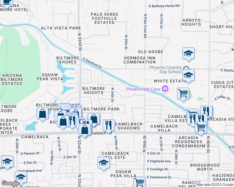 map of restaurants, bars, coffee shops, grocery stores, and more near 3411 East Oregon Avenue in Phoenix