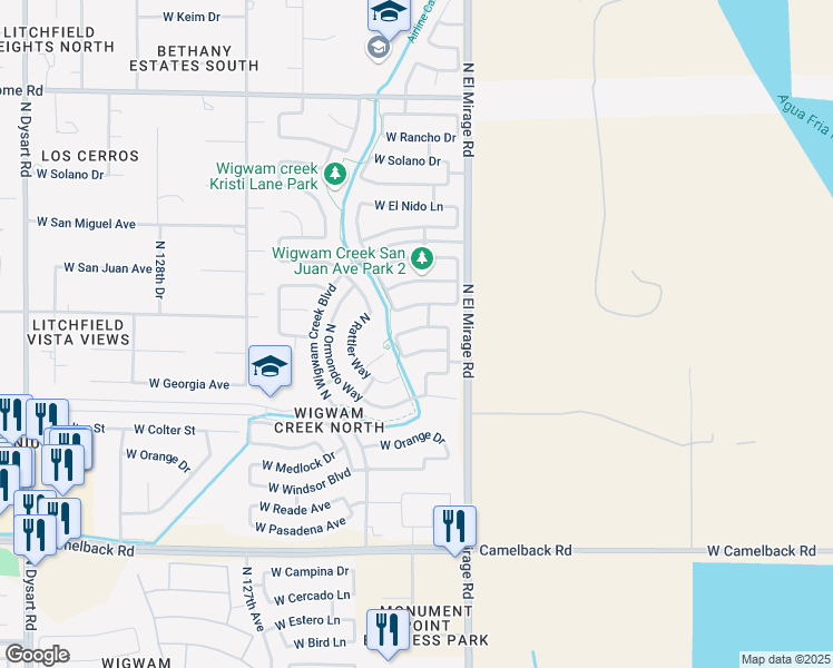 map of restaurants, bars, coffee shops, grocery stores, and more near 12413 West Denton Street in Litchfield Park