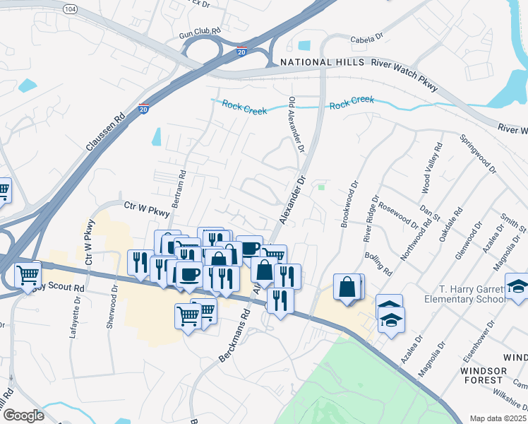 map of restaurants, bars, coffee shops, grocery stores, and more near 3017 Brookhaven Way in Augusta