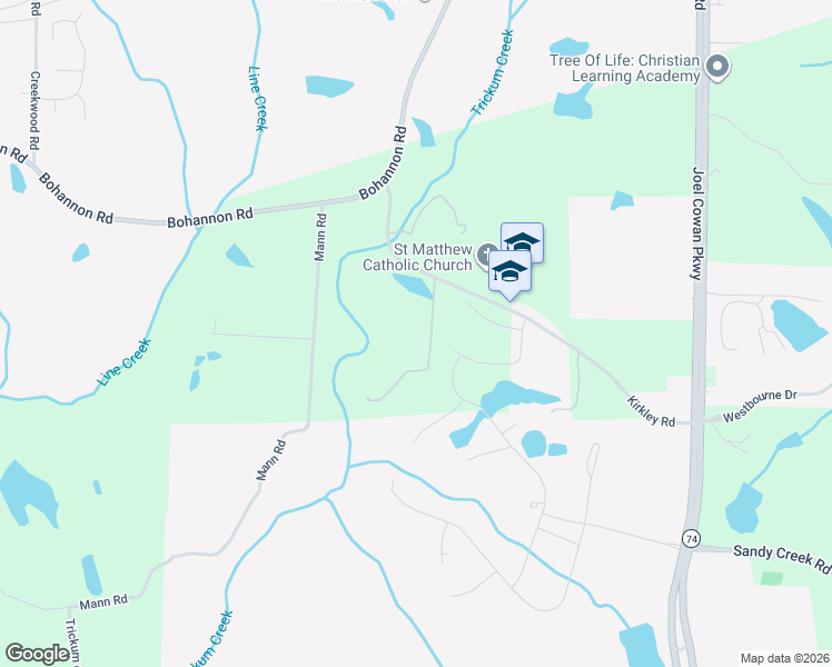 map of restaurants, bars, coffee shops, grocery stores, and more near 205 Calverton Lane in Tyrone
