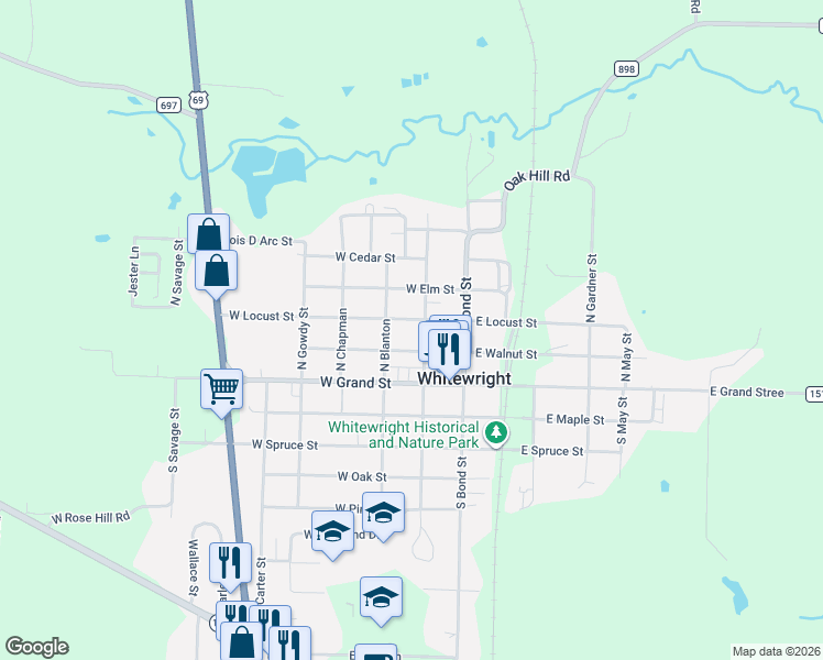 map of restaurants, bars, coffee shops, grocery stores, and more near 205 North Sears Street in Whitewright