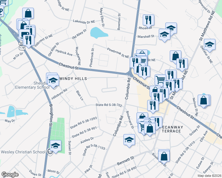 map of restaurants, bars, coffee shops, grocery stores, and more near 1919 Columbia Road in Orangeburg