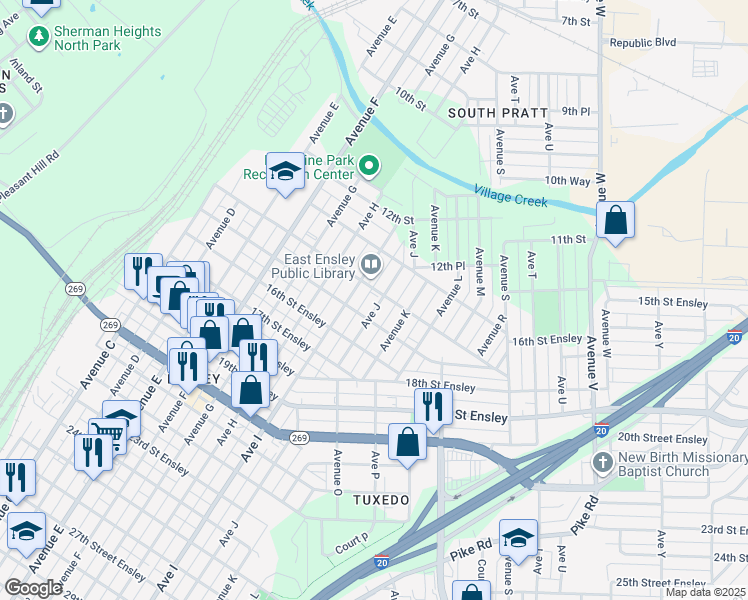 map of restaurants, bars, coffee shops, grocery stores, and more near 1406 Avenue J in Birmingham
