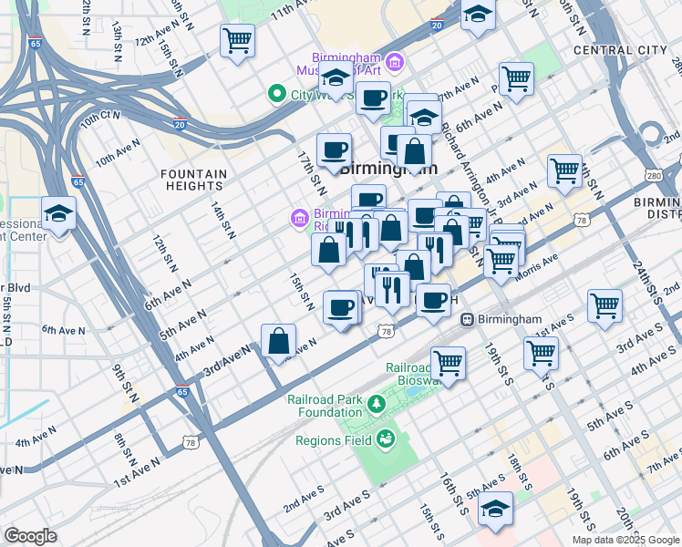 map of restaurants, bars, coffee shops, grocery stores, and more near 1601 4th Avenue North in Birmingham