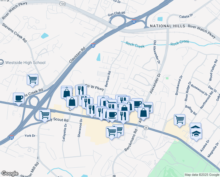 map of restaurants, bars, coffee shops, grocery stores, and more near 228 Napa Drive in Augusta