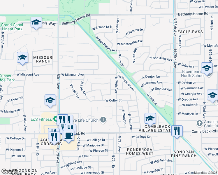 map of restaurants, bars, coffee shops, grocery stores, and more near 5406 North 79th Drive in Glendale