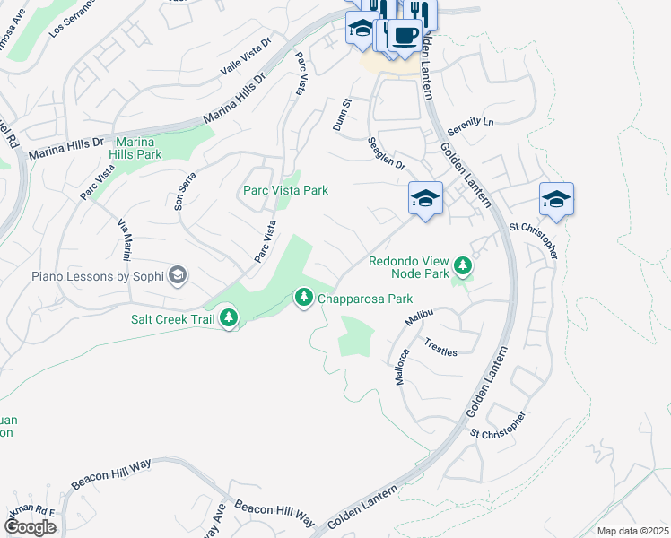 map of restaurants, bars, coffee shops, grocery stores, and more near 15 Springbrook Road in Laguna Niguel