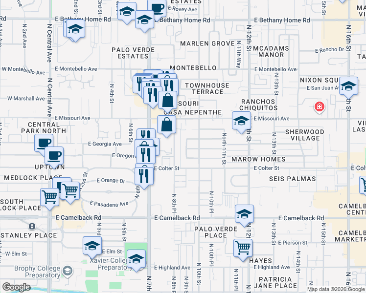 map of restaurants, bars, coffee shops, grocery stores, and more near 5304 North 9th Street in Phoenix
