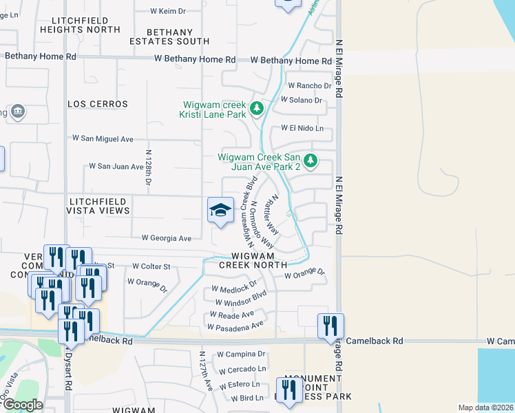 map of restaurants, bars, coffee shops, grocery stores, and more near 5439 North Ormondo Way in Litchfield Park