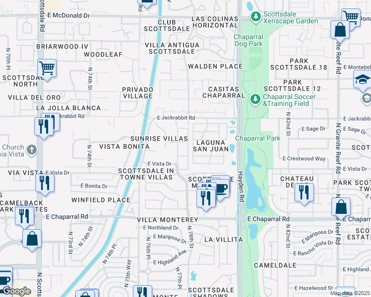 map of restaurants, bars, coffee shops, grocery stores, and more near 5320 North 78th Place in Scottsdale