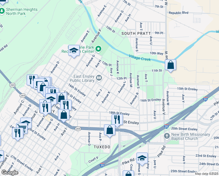 map of restaurants, bars, coffee shops, grocery stores, and more near 1326 Avenue K in Birmingham