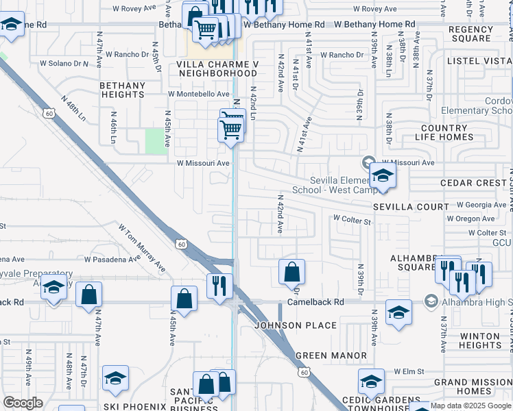map of restaurants, bars, coffee shops, grocery stores, and more near 5235 North 43rd Avenue in Phoenix