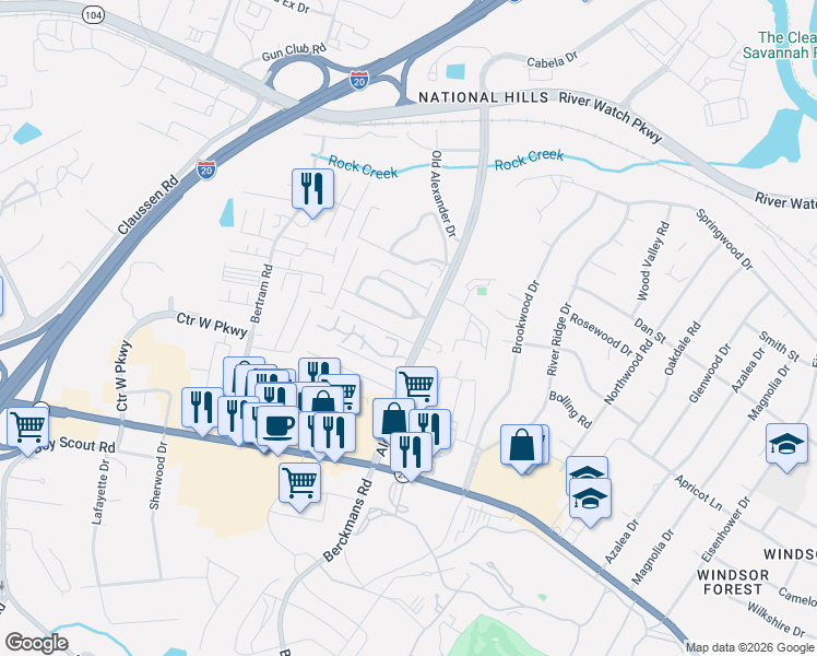 map of restaurants, bars, coffee shops, grocery stores, and more near 3017 Brookhaven Way in Augusta