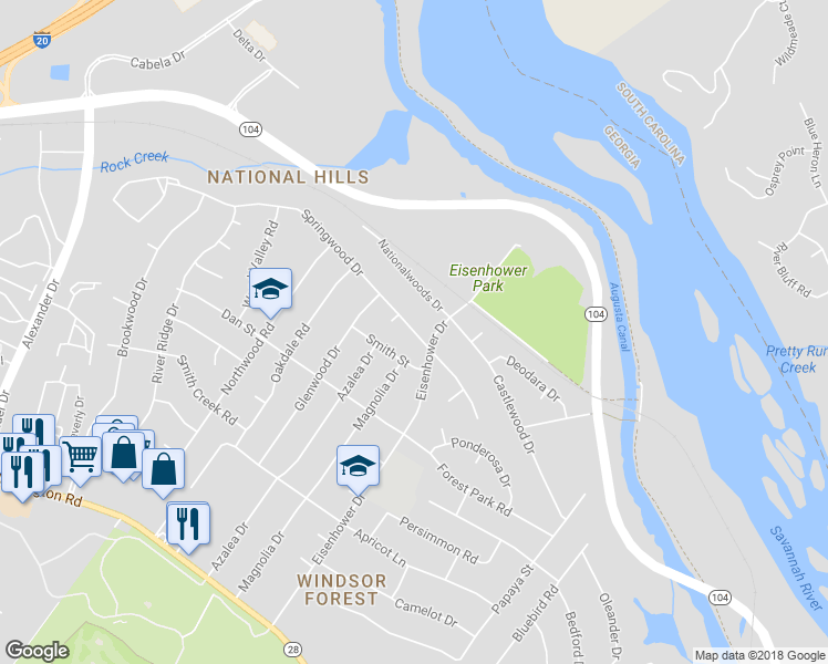 map of restaurants, bars, coffee shops, grocery stores, and more near 2605 Springwood Drive in Augusta