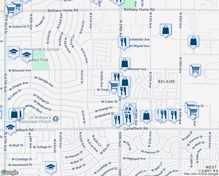 map of restaurants, bars, coffee shops, grocery stores, and more near 110 West Oregon Avenue in Glendale