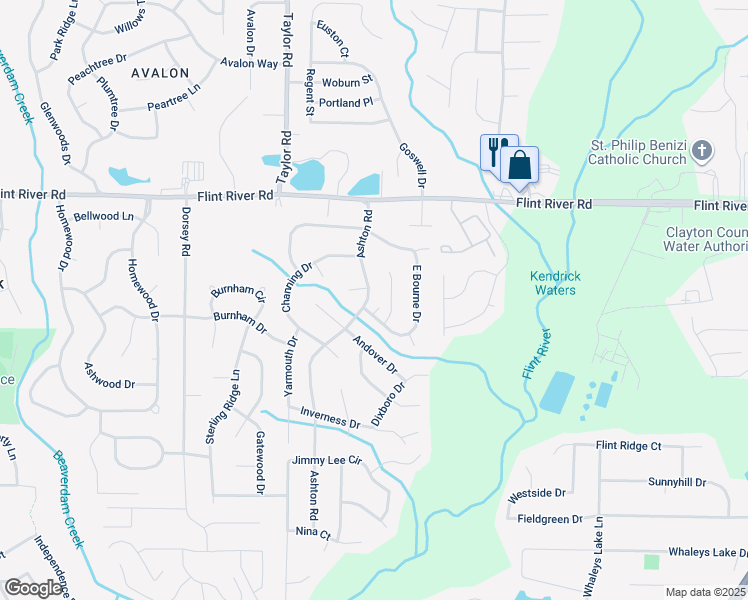 map of restaurants, bars, coffee shops, grocery stores, and more near 8828 Ashton Road in Jonesboro