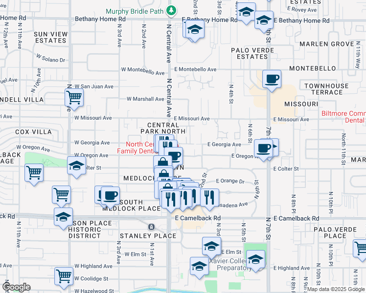 map of restaurants, bars, coffee shops, grocery stores, and more near 77 East Missouri Avenue in Phoenix