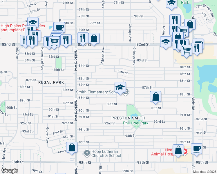 map of restaurants, bars, coffee shops, grocery stores, and more near 5617 87th Street in Lubbock