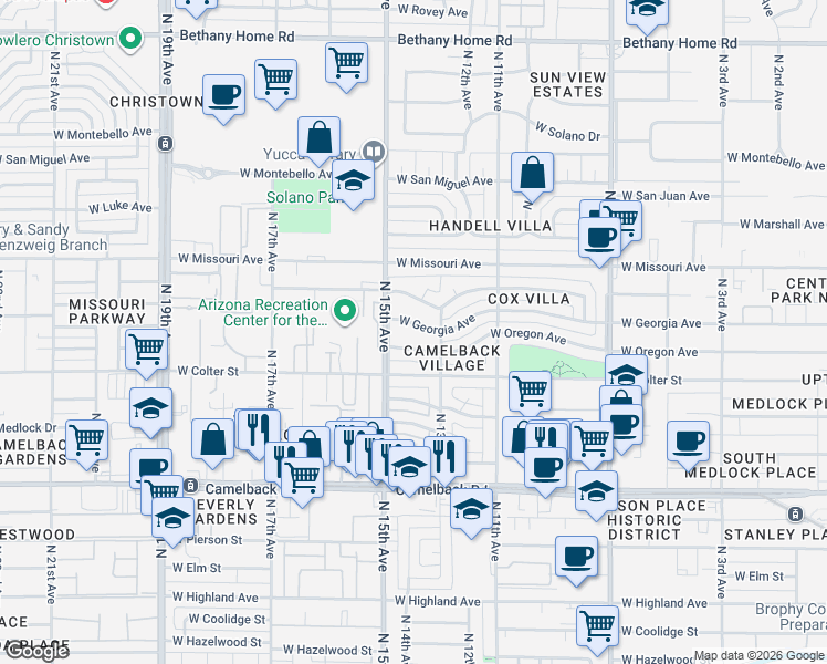 map of restaurants, bars, coffee shops, grocery stores, and more near 1330 West Oregon Avenue in Phoenix