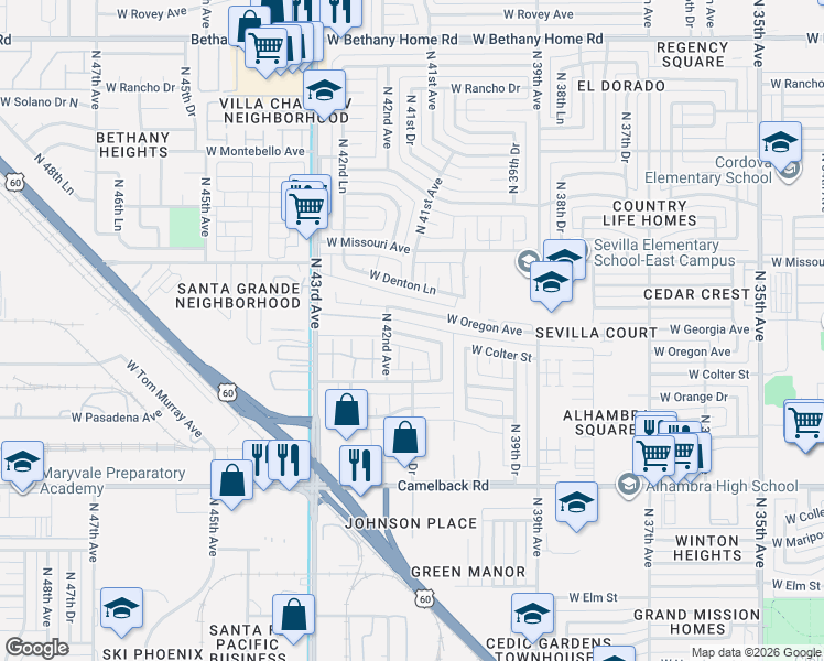 map of restaurants, bars, coffee shops, grocery stores, and more near 4122 West Colter Street in Phoenix