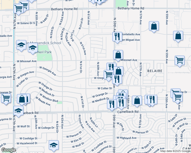 map of restaurants, bars, coffee shops, grocery stores, and more near 6002 West Oregon Avenue in Glendale