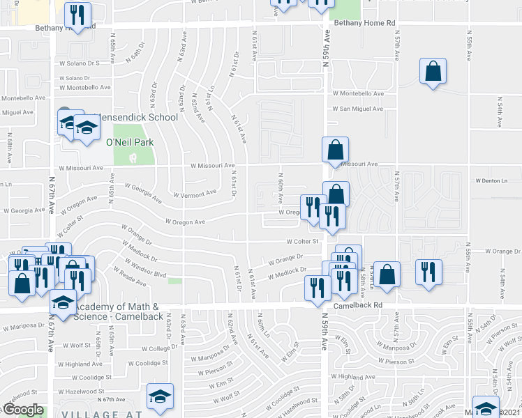 map of restaurants, bars, coffee shops, grocery stores, and more near 5301 North 61st Avenue in Glendale