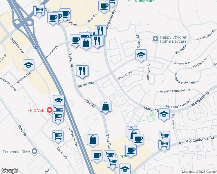 map of restaurants, bars, coffee shops, grocery stores, and more near 29605 Solana Way in Temecula