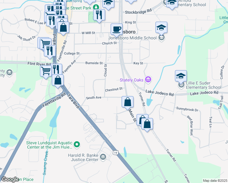 map of restaurants, bars, coffee shops, grocery stores, and more near 121 Chestnut Street in Jonesboro