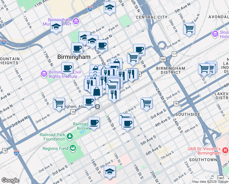 map of restaurants, bars, coffee shops, grocery stores, and more near 2015 1st Avenue North in Birmingham