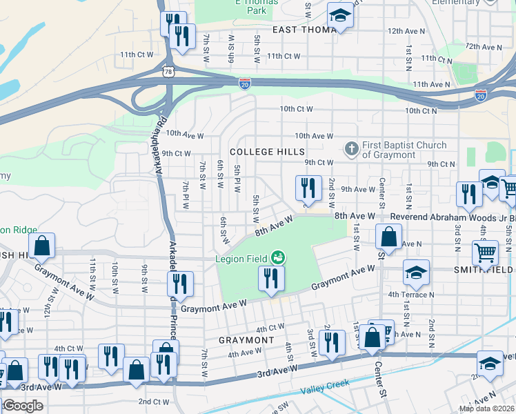 map of restaurants, bars, coffee shops, grocery stores, and more near 833 5th Street West in Birmingham