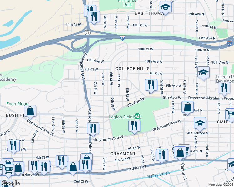 map of restaurants, bars, coffee shops, grocery stores, and more near 858 5th Pl W in Birmingham