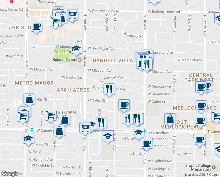 map of restaurants, bars, coffee shops, grocery stores, and more near 1114 W Oregon Ave in Phoenix