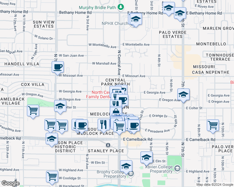 map of restaurants, bars, coffee shops, grocery stores, and more near 5300n North Central Avenue in Phoenix