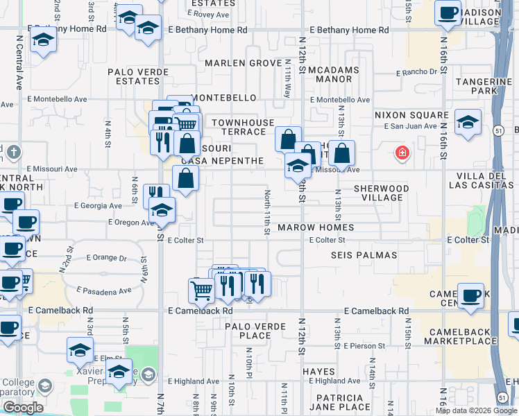 map of restaurants, bars, coffee shops, grocery stores, and more near 1038 East Georgia Avenue in Phoenix