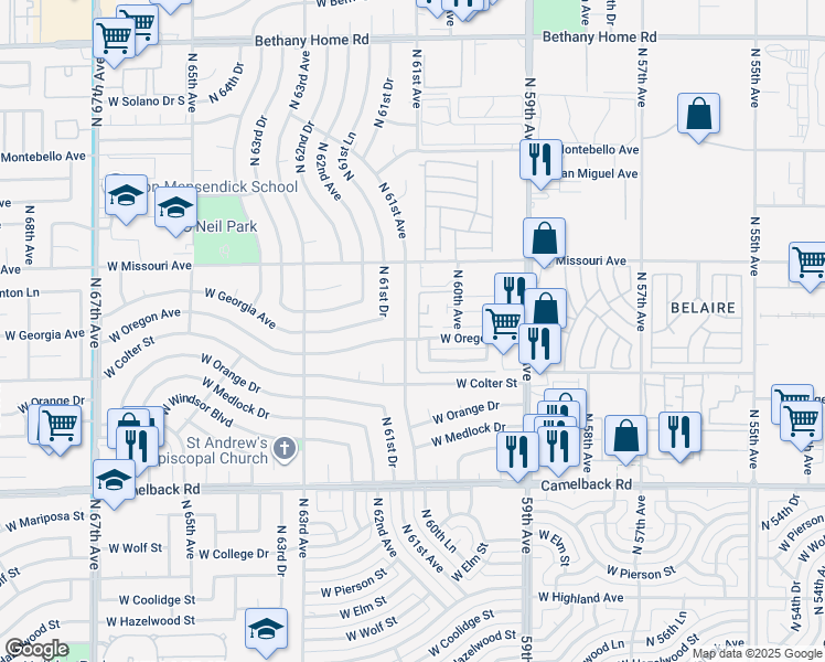 map of restaurants, bars, coffee shops, grocery stores, and more near 5301 North 61st Avenue in Glendale