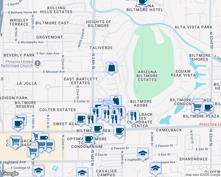 map of restaurants, bars, coffee shops, grocery stores, and more near 2554 East Georgia Avenue in Phoenix