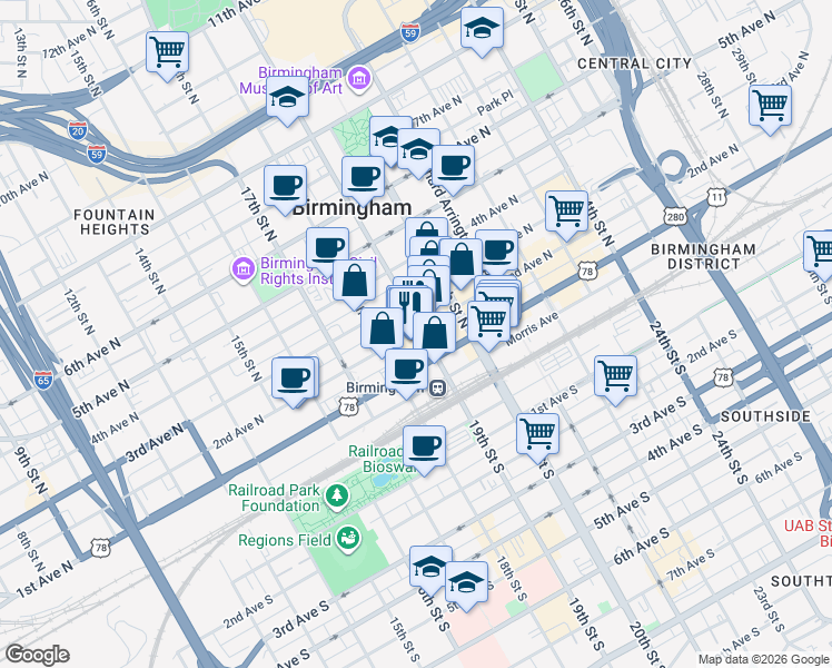 map of restaurants, bars, coffee shops, grocery stores, and more near 156 19th Street North in Birmingham