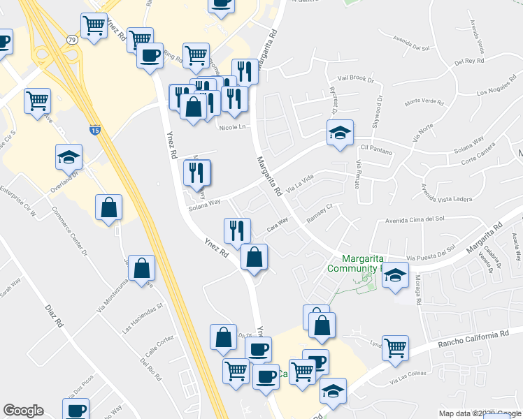 map of restaurants, bars, coffee shops, grocery stores, and more near 29605 Solana Way in Temecula