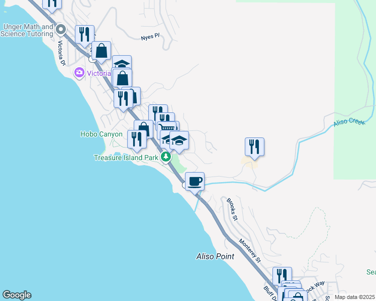 map of restaurants, bars, coffee shops, grocery stores, and more near 30872 Marilyn Drive in Laguna Beach