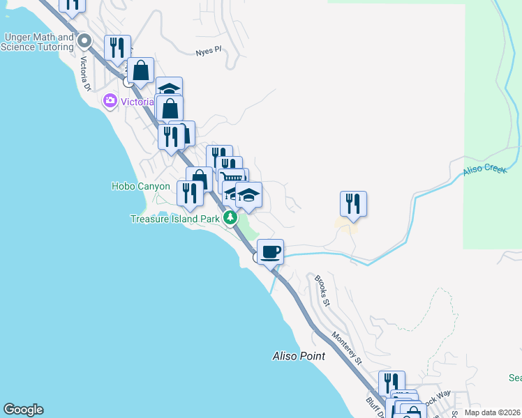 map of restaurants, bars, coffee shops, grocery stores, and more near 30871 Driftwood Drive in Laguna Beach