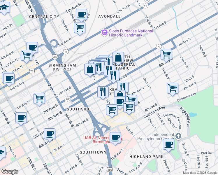map of restaurants, bars, coffee shops, grocery stores, and more near 2821 4th Avenue South in Birmingham