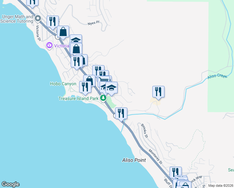 map of restaurants, bars, coffee shops, grocery stores, and more near 30872 Marilyn Drive in Laguna Beach