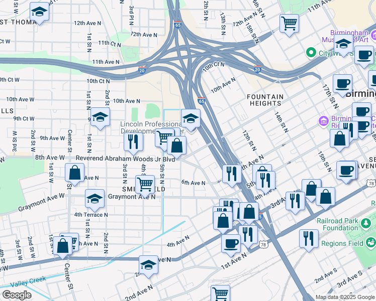 map of restaurants, bars, coffee shops, grocery stores, and more near 836 9th Street North in Birmingham